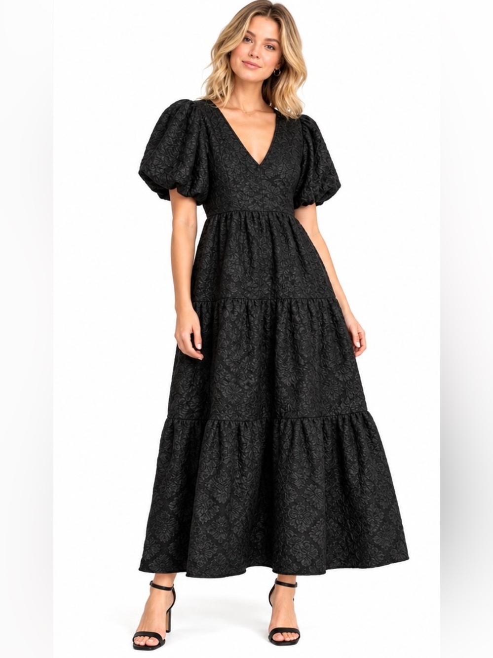 Sugarlips Black Floral Jacquard Puff Sleeve Tiered Maxi Dress M NWOT